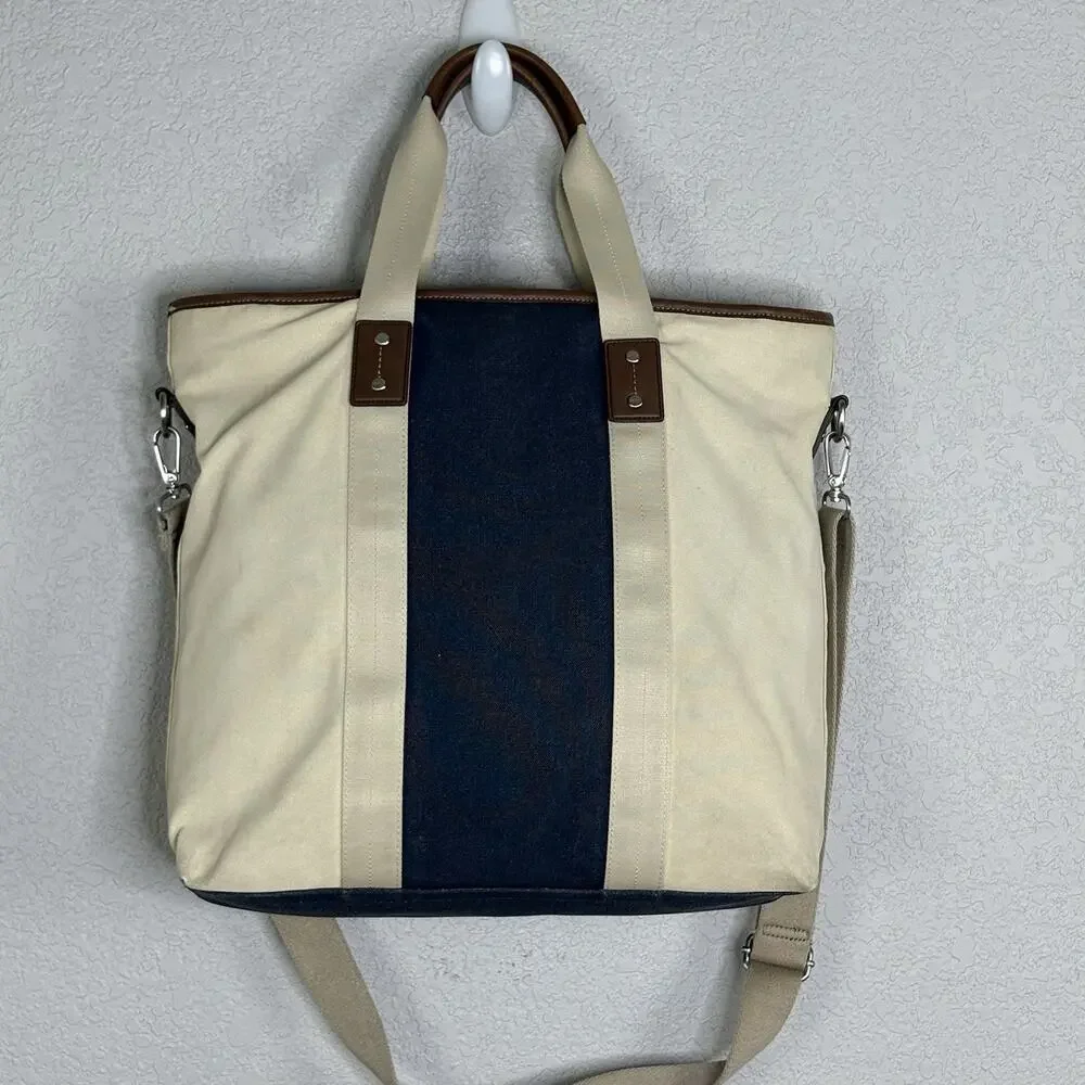 Coach Heritage Web Tote Bag Canvas Leather 16 x 16 Navy Blue Beige